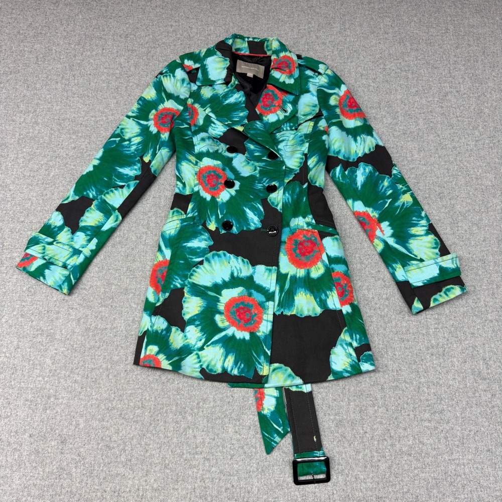 Banana Republic Trench Coat XS Petite Green Floral Double Breasted Belted Jacket